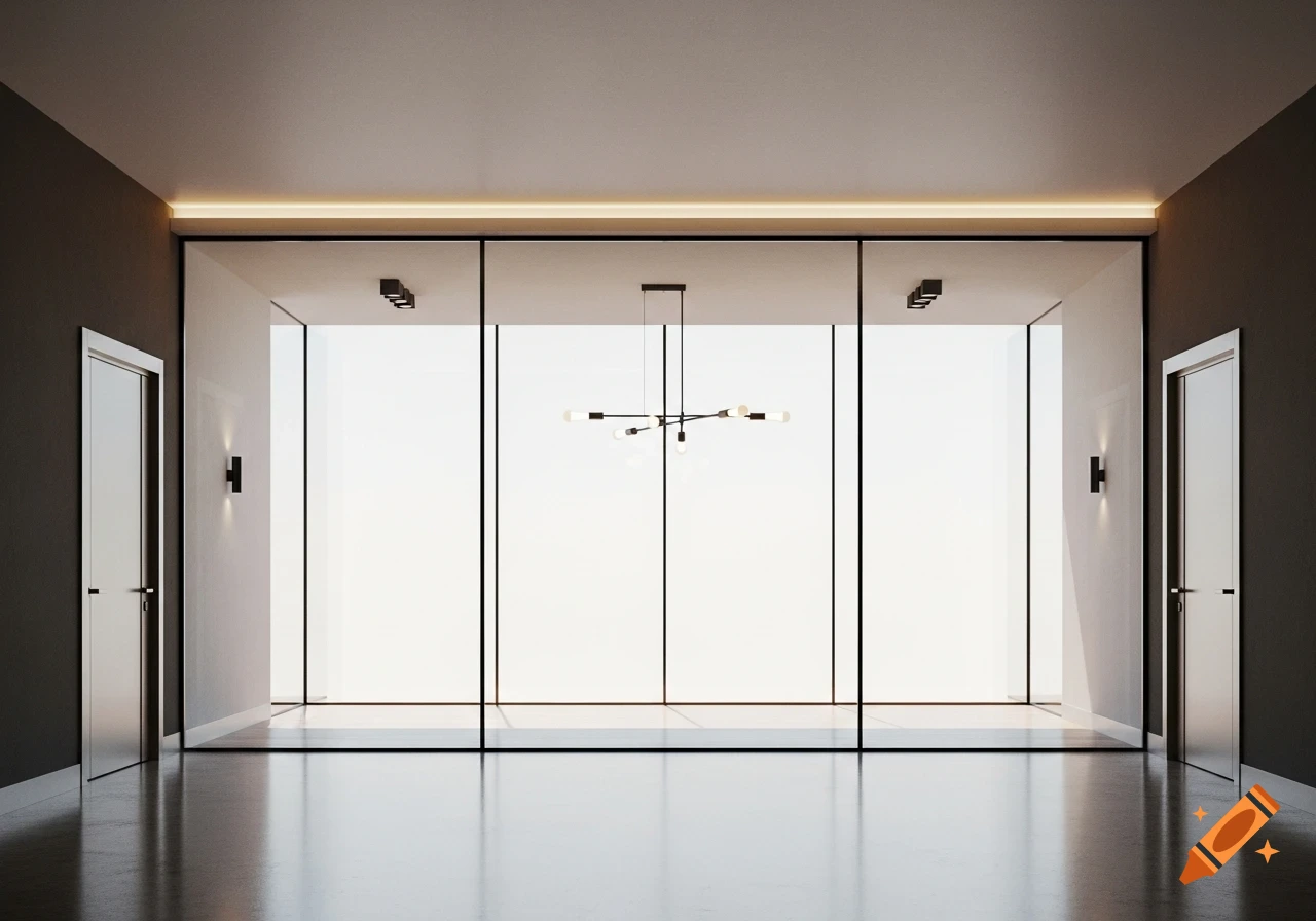 A modern, minimalist room with dark walls, two white doors, a polished floor, and a full glass window wall with a linear chandelier.