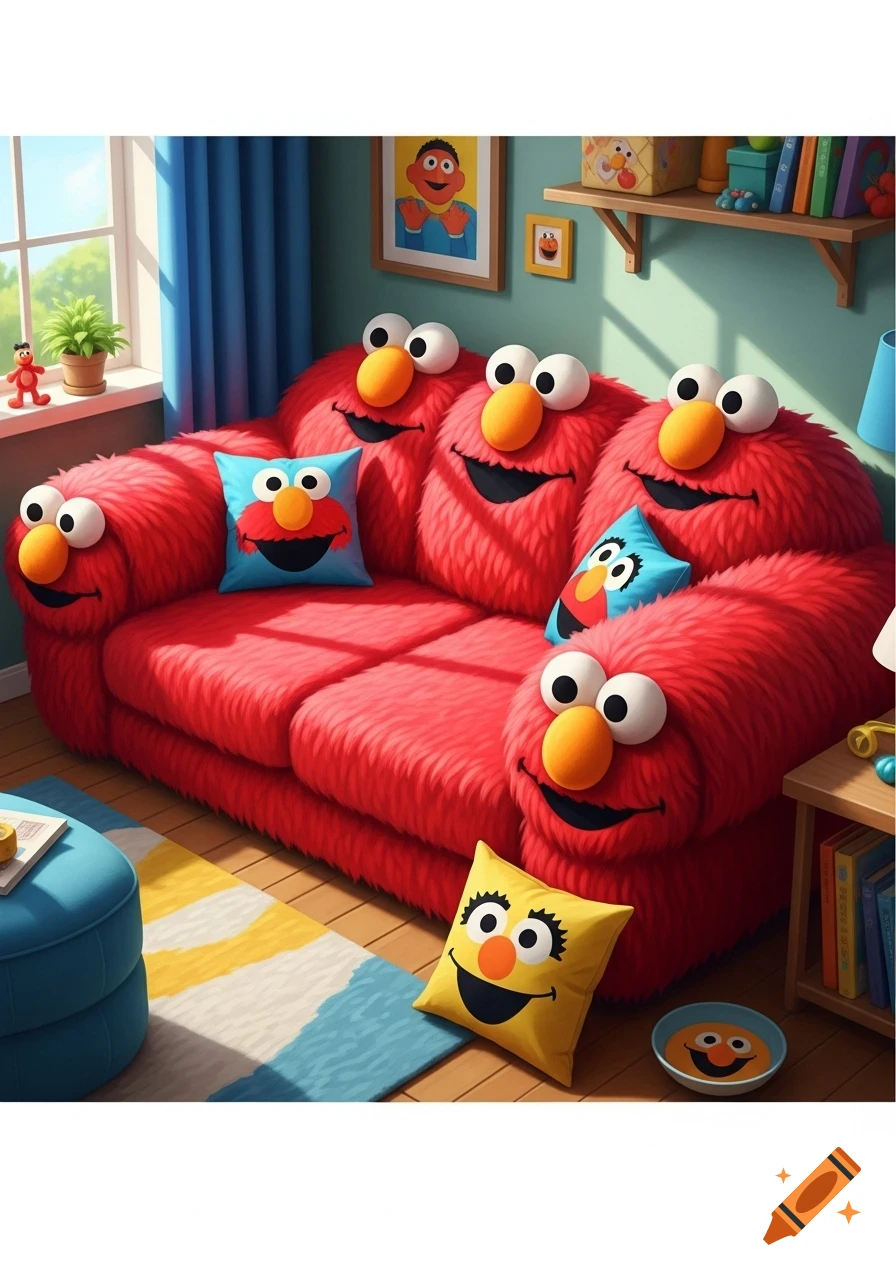 A vibrant red furry couch shaped like Elmo, surrounded by Elmo-themed pillows, in a brightly lit, cheerful living room.
