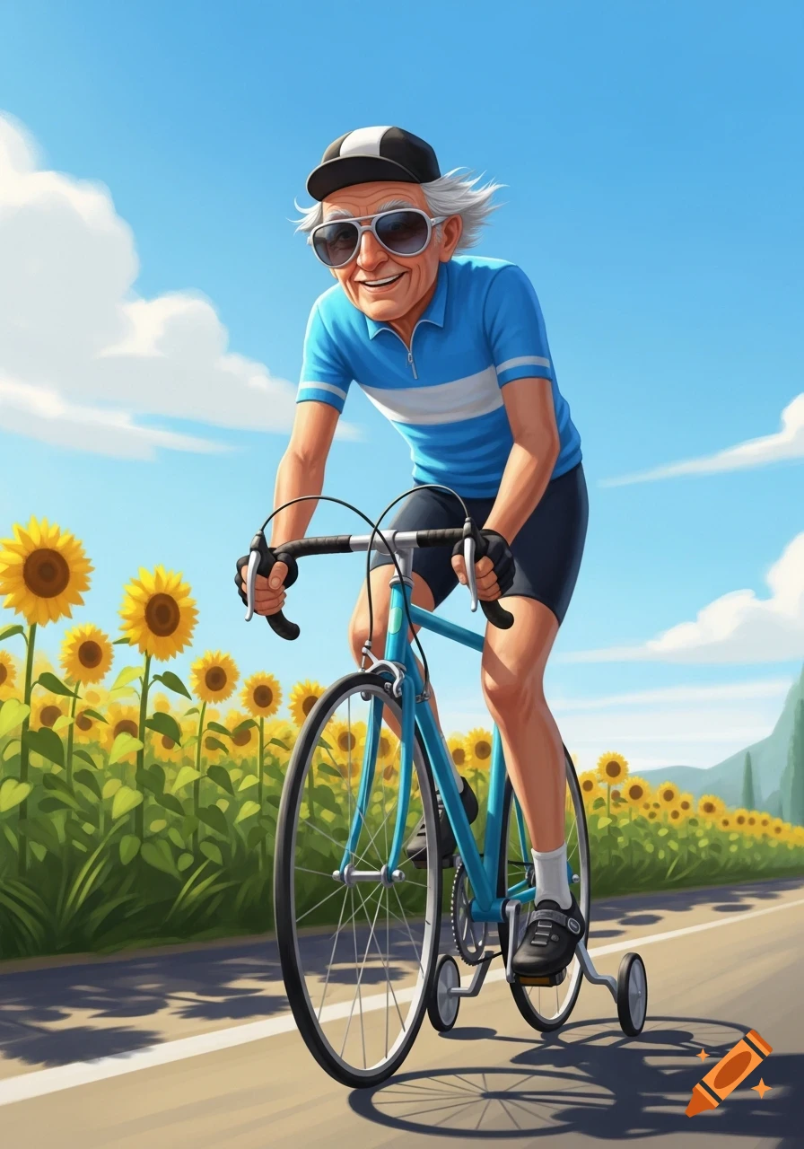 Smiling old man in sunglasses and cap cycling a blue road bike with training wheels through a sunflower field. Illustration.