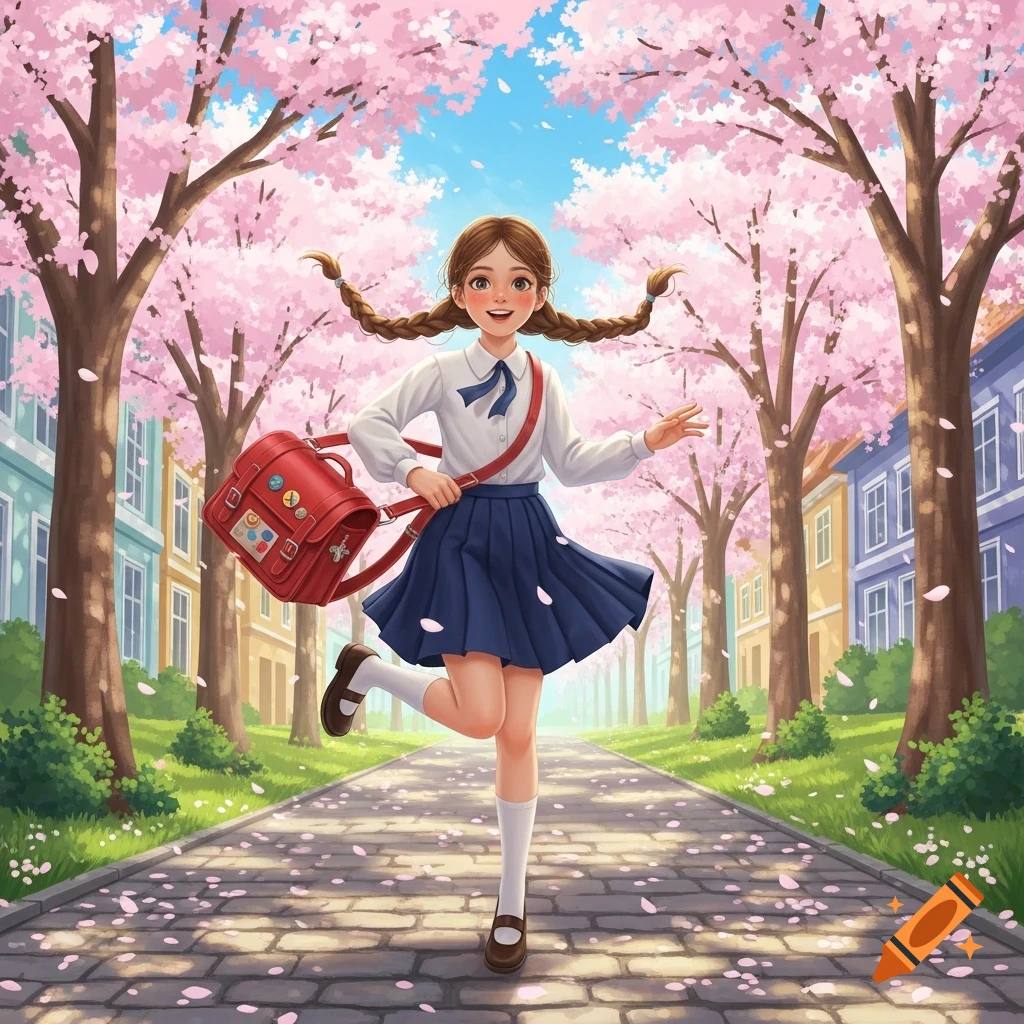 Happy schoolgirl in uniform skips down a cherry blossom-lined path with a red satchel, vibrant illustration.