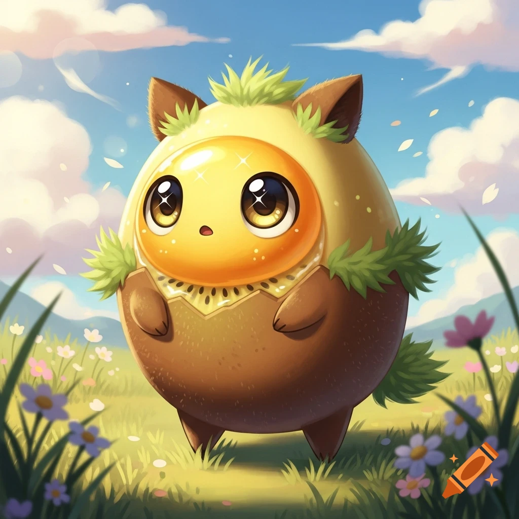 A cute, round, anthropomorphic creature resembling a kiwi fruit with a yellow yolk center and big shiny eyes, stands in a grassy field.