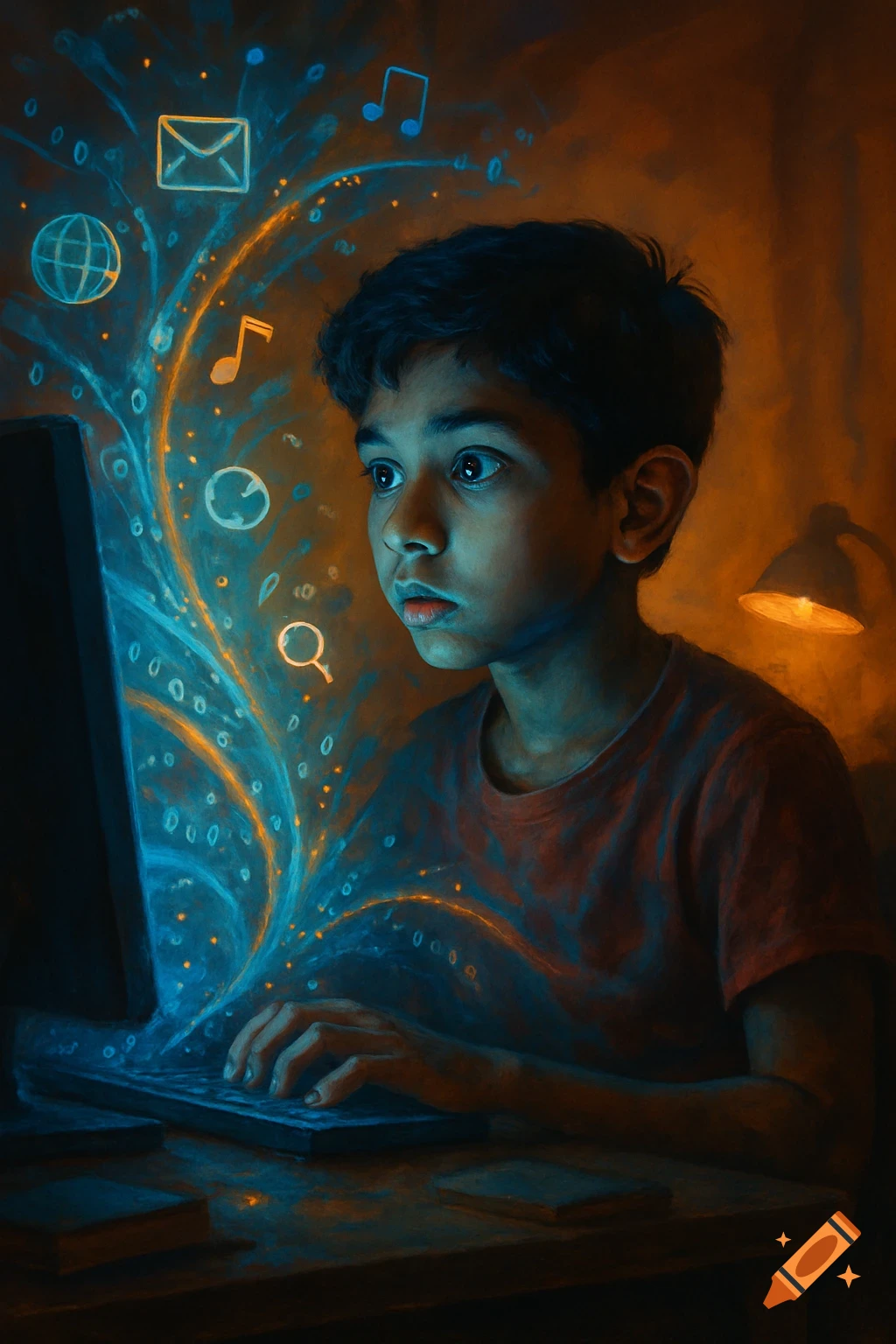 An Indian boy intently looks at a computer, with glowing data streams and digital icons emanating from the screen.