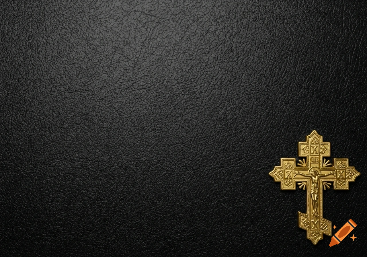 A detailed golden Orthodox cross rests on the bottom right of a black, textured leather background.