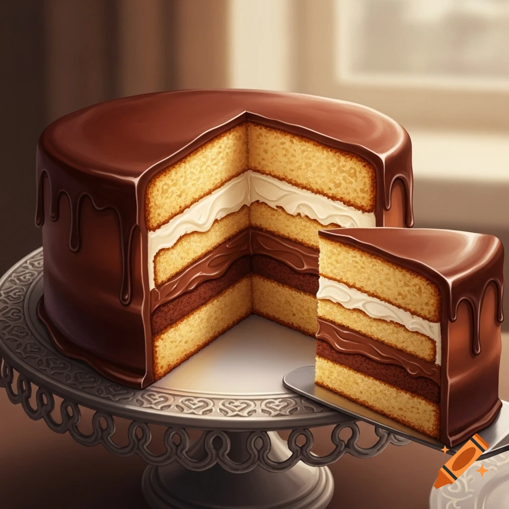 A chocolate cake with a slice removed, revealing three vanilla layers with white and chocolate cream fillings, on a decorative silver cake stand.