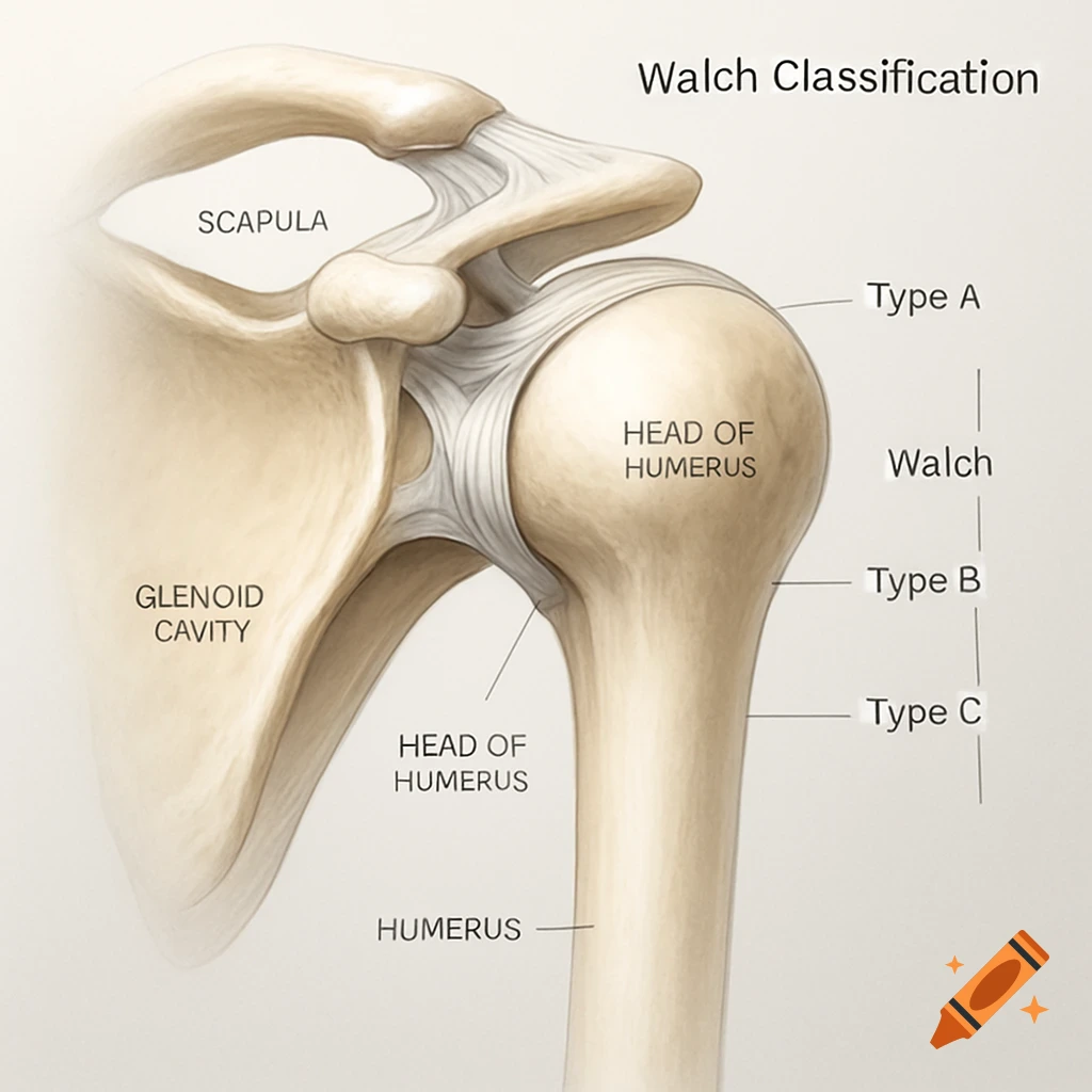 Detailed medical illustration of the Walch classification of the shoulder joint, labeling the scapula, glenoid cavity, humerus, and head of humerus, with types A, B, and C.