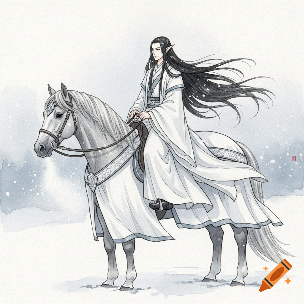A dignified elf with long black hair rides a white horse through a snowy landscape, depicted in a watercolor style.