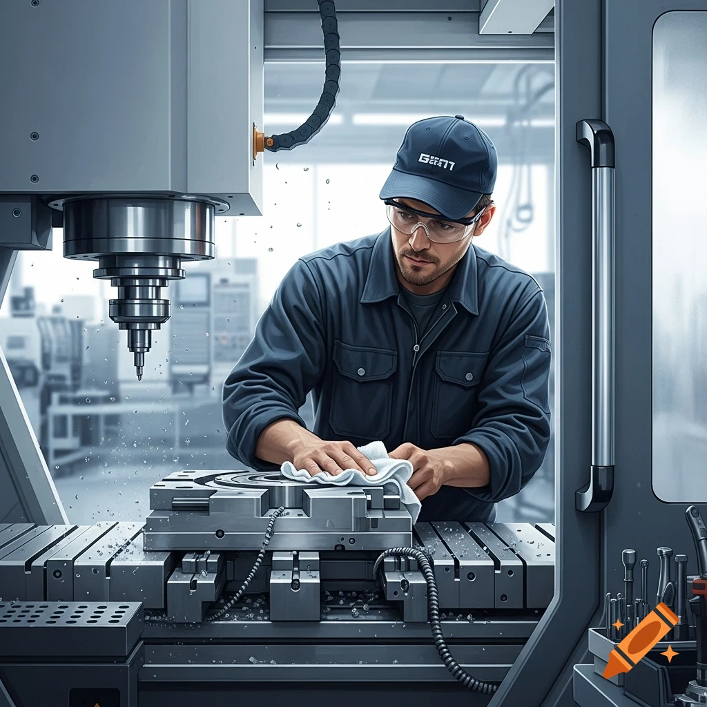 A man in safety glasses and a cap cleaning a large CNC machine in a workshop, photorealistic style.