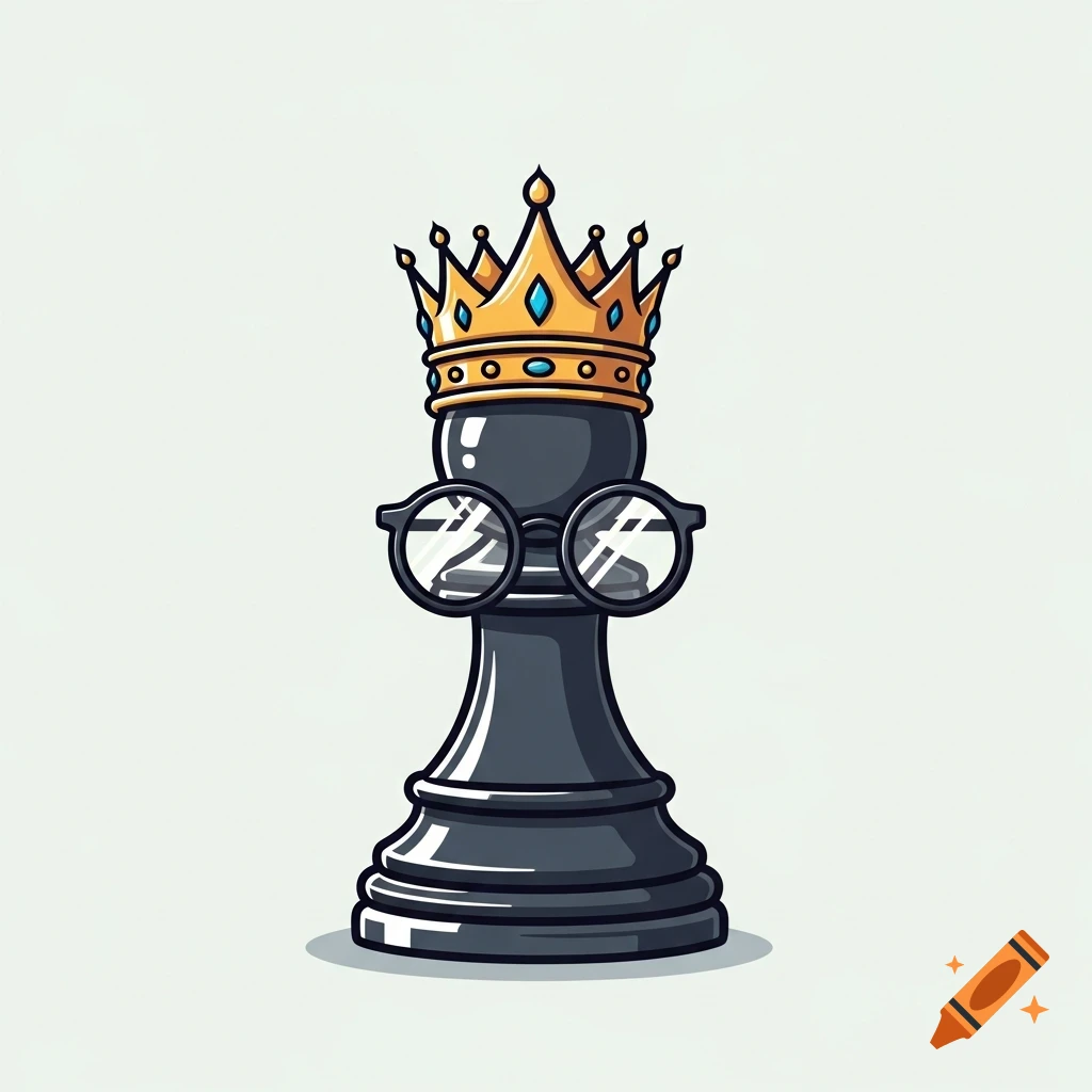A stylized black chess pawn character with a golden crown and round glasses, in a clean cartoon illustration style.