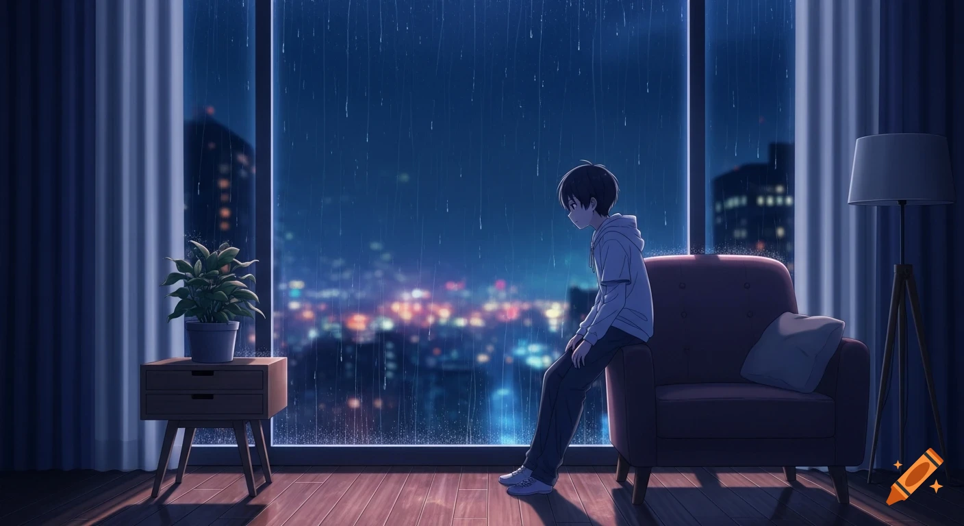 An anime illustration of a boy sitting by a large window, looking out at a rainy cityscape at night.