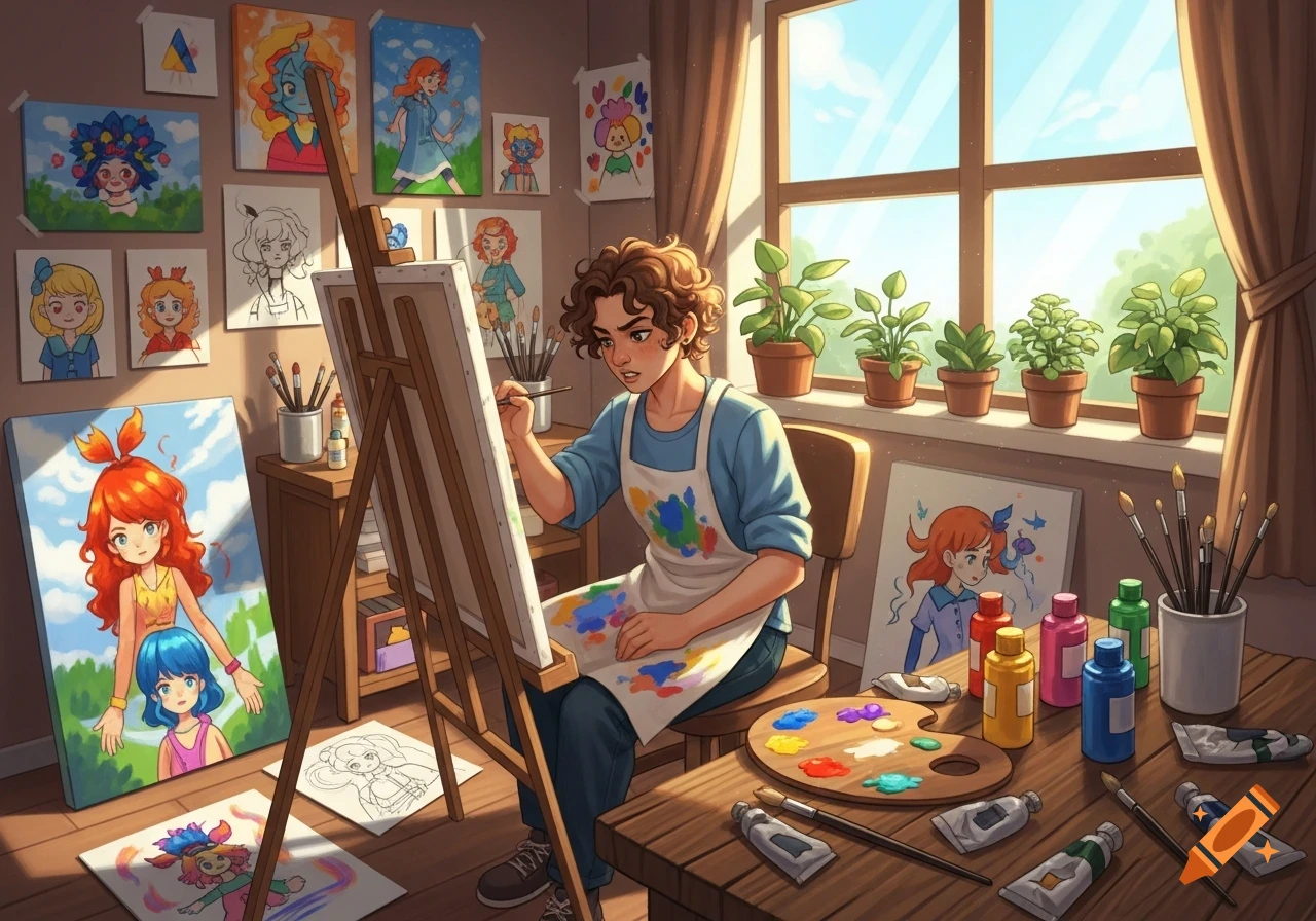 An artist with curly brown hair wearing an apron sits at an easel painting in a bright art studio filled with paintings and potted plants.