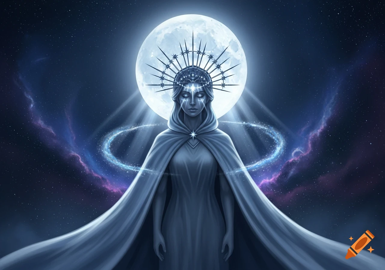 A regal figure in a flowing cloak and star-spiked crown stands before a luminous full moon in a nebulous night sky, digital art.