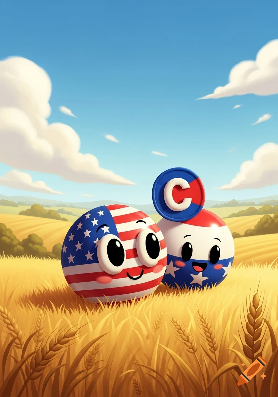 Two cute cartoon country balls, one US flag themed, and another representing Canada, sit in a sunny wheat field.