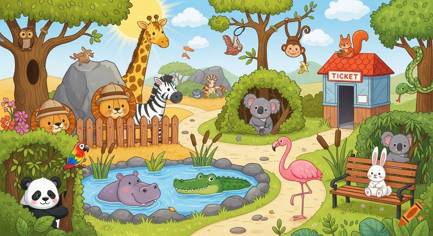 A cheerful, cartoon children's illustration of a bustling zoo with many animals like a giraffe, zebra, hippo, and koala.