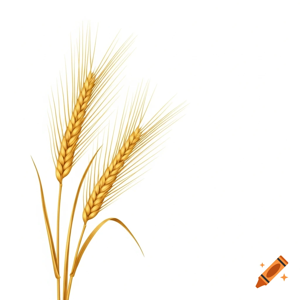 Two golden barley stalks with long awns on a white background, isolated.