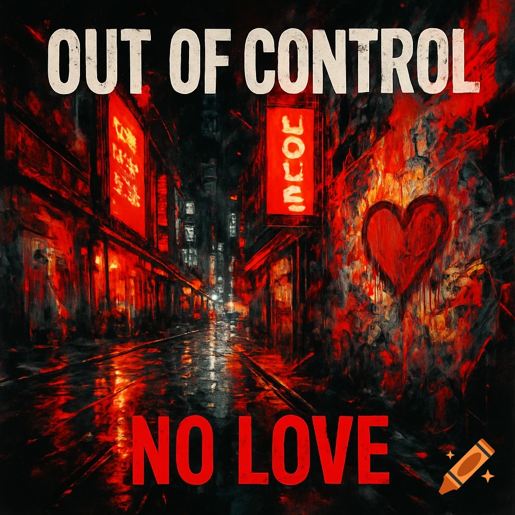 A dark, grunge-style city street scene at night, lit by red neon. "OUT OF CONTROL" is at the top, "NO LOVE" at the bottom. A red heart graffiti is on a wall.