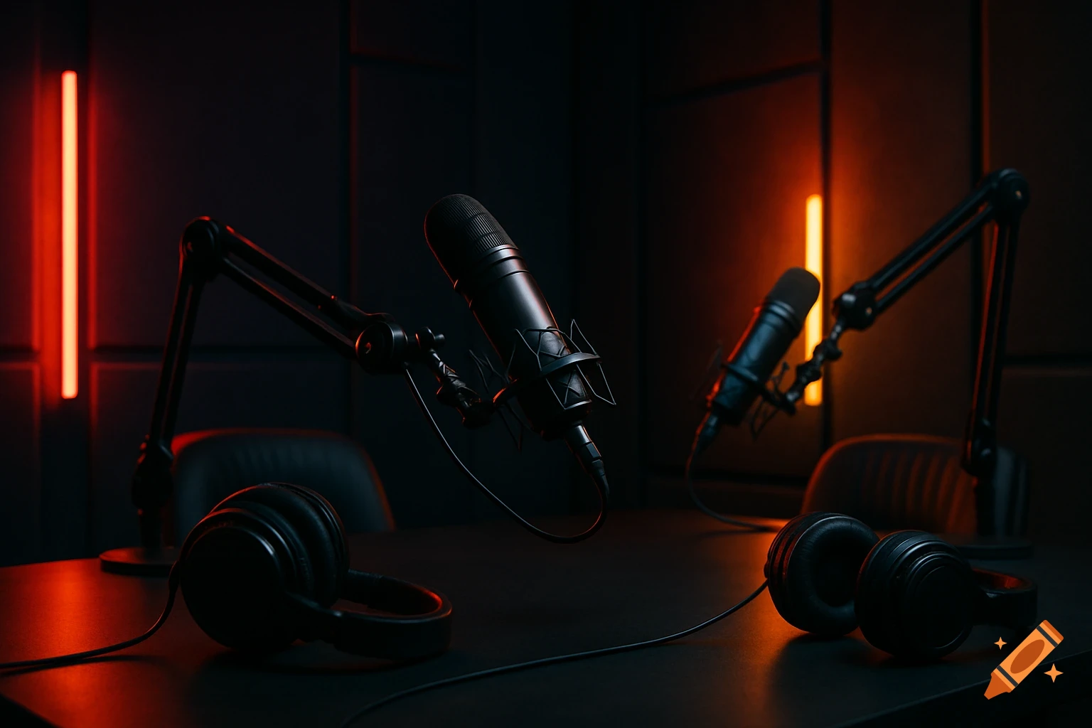 Modern podcast studio setup with two professional microphones, headphones, and red and orange neon accent lights on a dark, moody background.