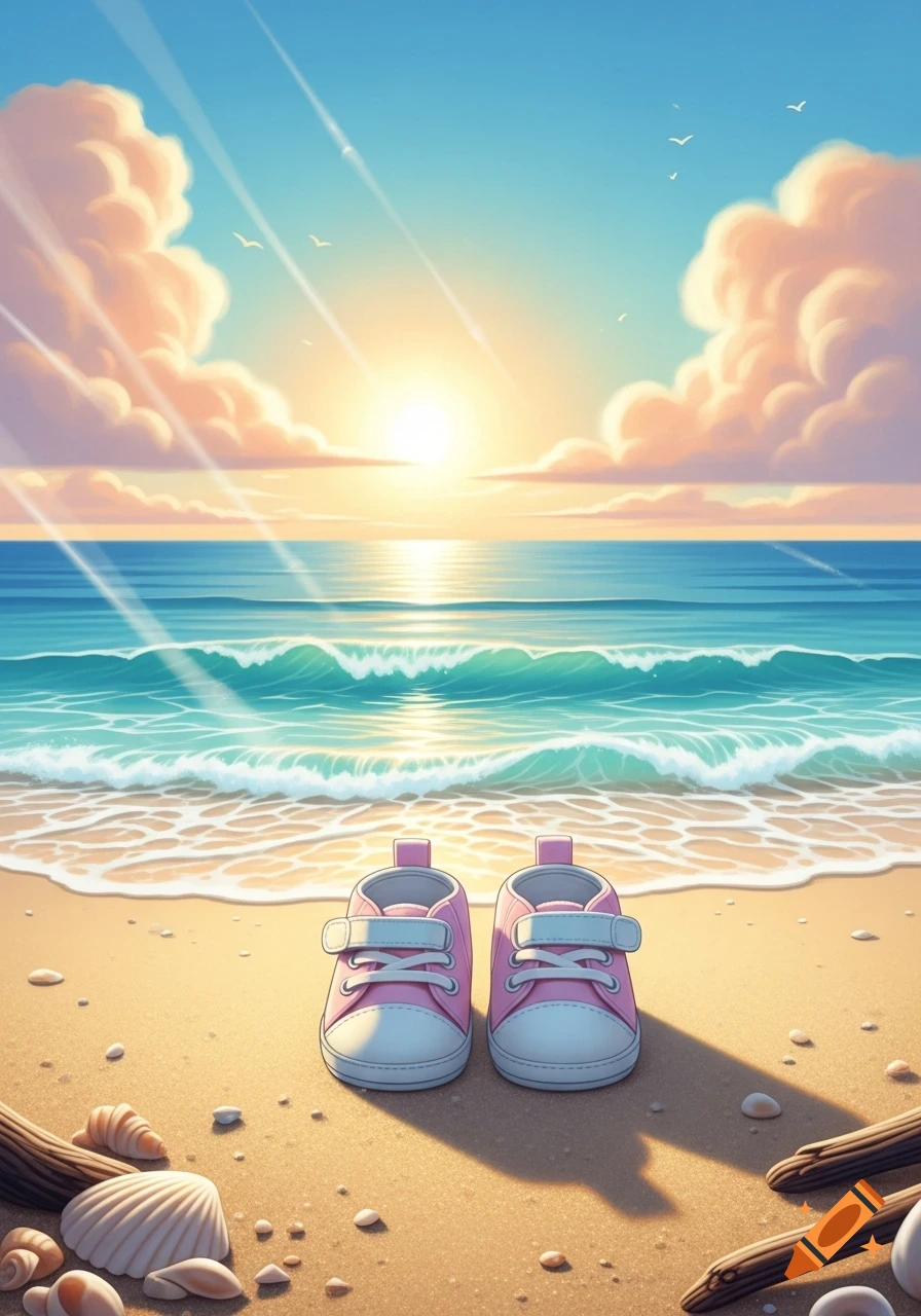 Two pink baby shoes sit on a sandy beach with seashells and driftwood, facing the ocean at sunset with waves and clouds.