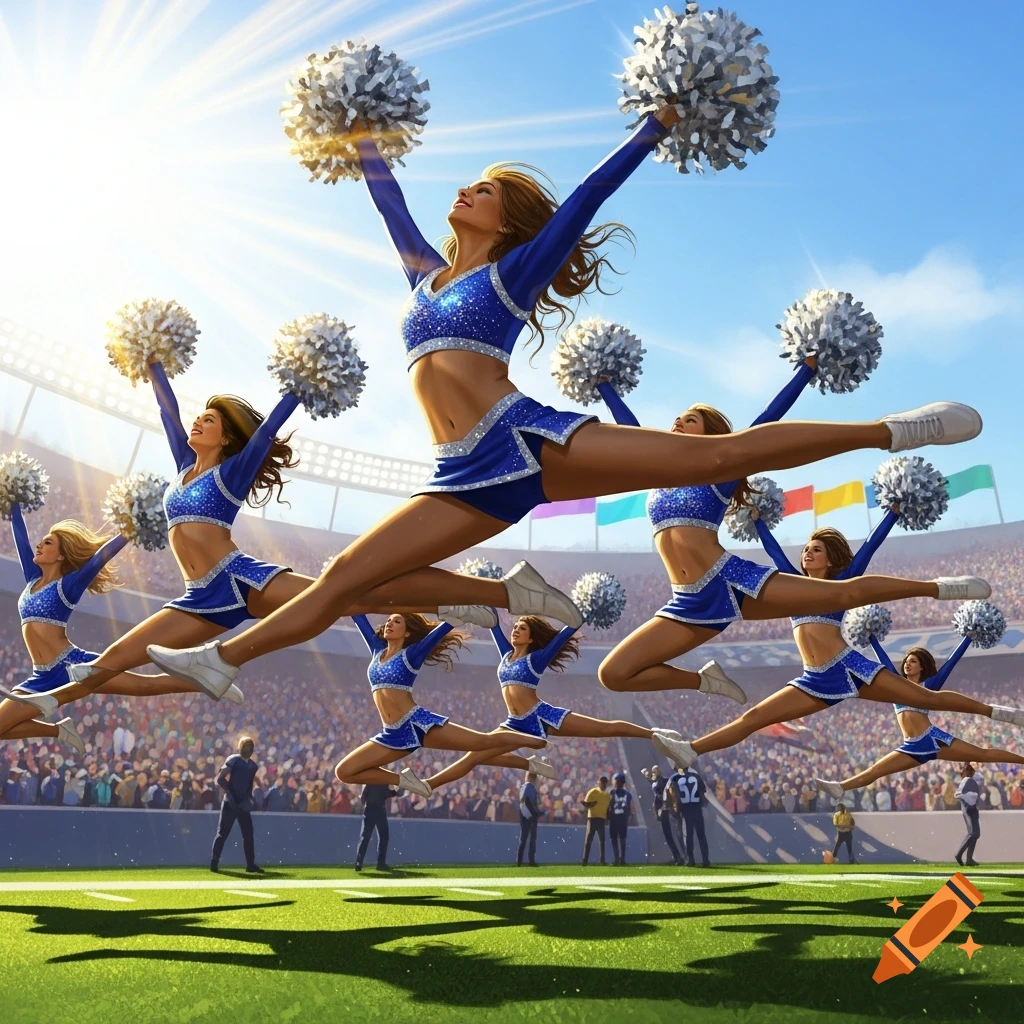 Multiple cheerleaders in blue and silver uniforms leap high in unison on a sunny sports field, with a stadium and crowd in the background.
