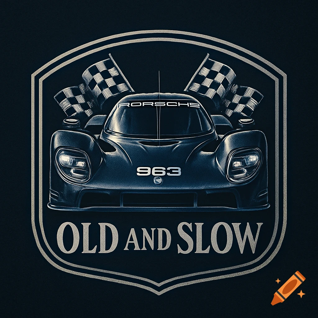 Stylized dark blue and silver emblem with a Porsche 963 race car, checkered flags, and 'OLD AND SLOW' text.