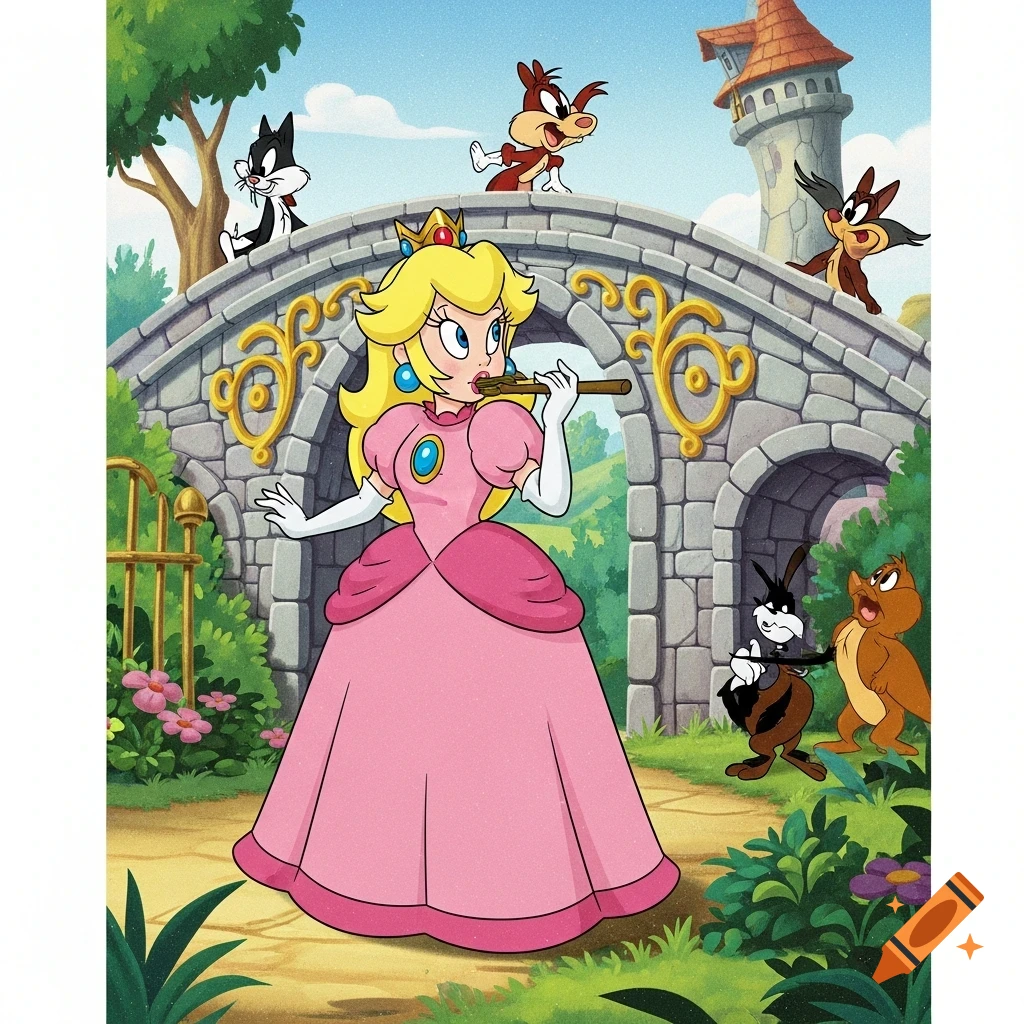 Princess Peach plays a flute on a stone bridge while Looney Tunes-style cartoon animals watch in a colorful cel animation.