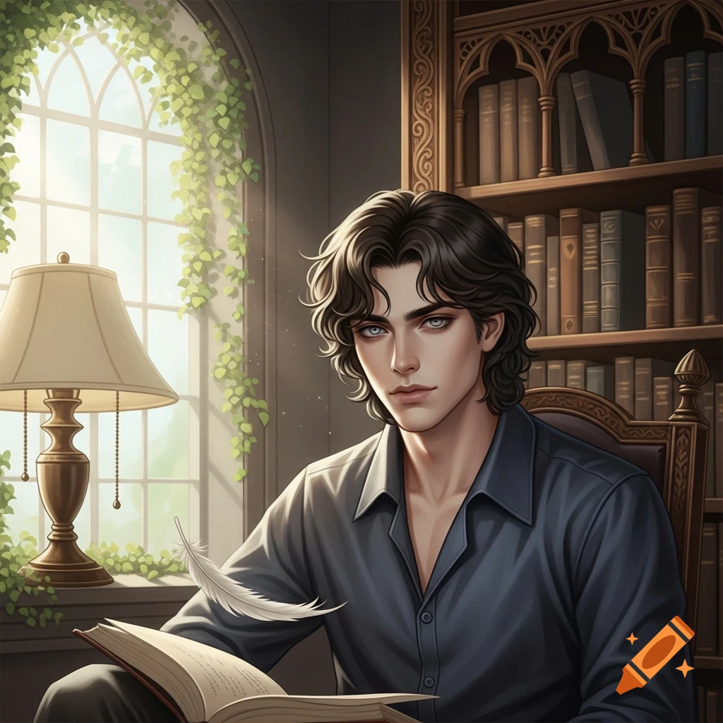 An illustrated young man with dark, wavy hair and pale skin reads a book in a sunlit library.