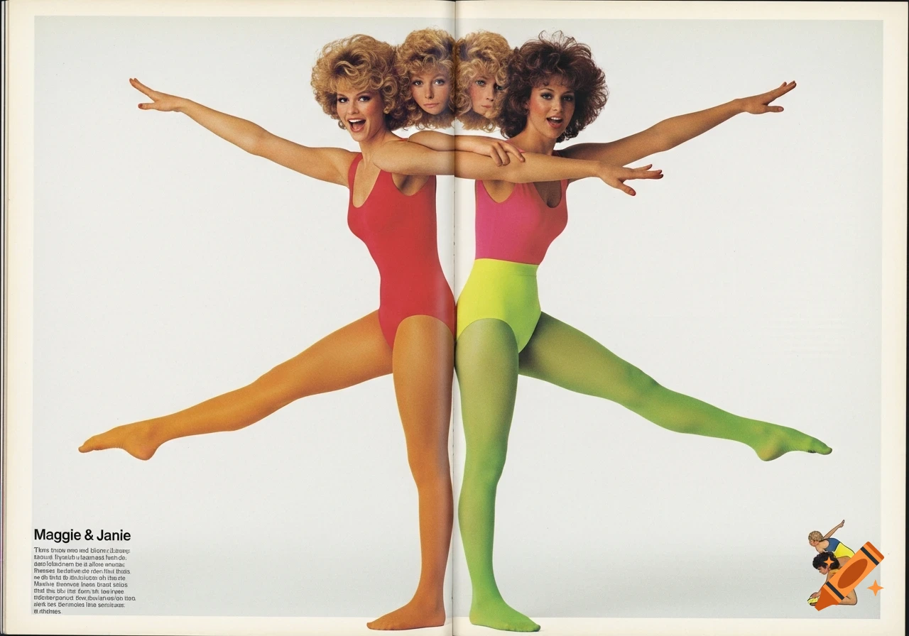 Vintage 1980s fashion ad featuring two women in colorful leotards and tights, merged to appear as one body with four heads, striking a pose.
