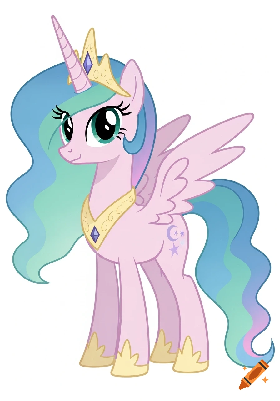 A light lavender alicorn pony with pastel blue, mint green, and pink mane and tail, wearing a gold tiara and necklace, with a moon and stars cutie mark.