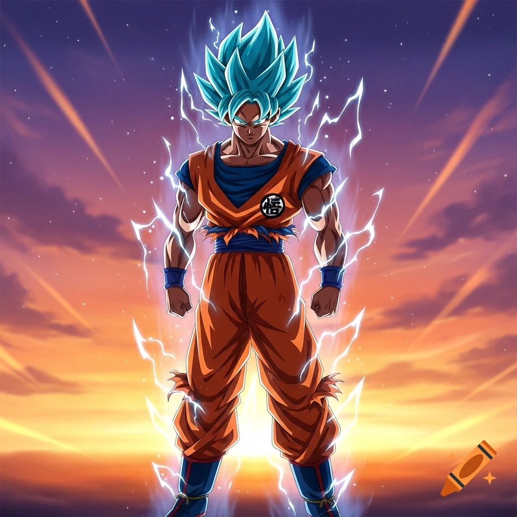 Goku in Super Saiyan Blue form with glowing energy, standing against a vibrant sunset sky.