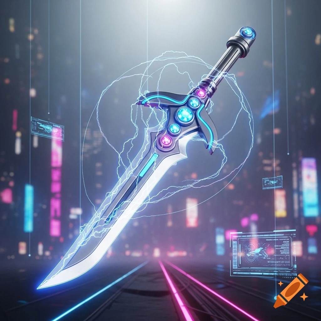 A glowing futuristic energy sword with blue and purple accents and electrical arcing, above a neon-lit cyberpunk city.