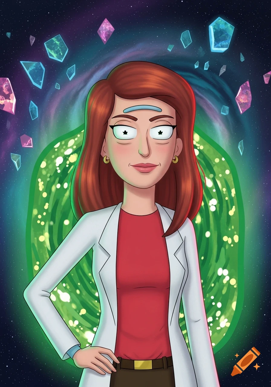 Beth Sanchez from Rick and Morty, in a lab coat, stands in front of a green glowing portal and space with crystals.