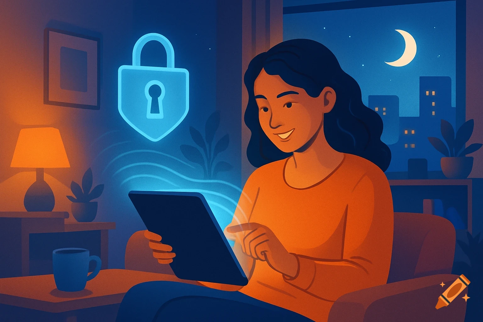 Digital illustration of a woman using a tablet with a glowing lock icon at night, representing online security.