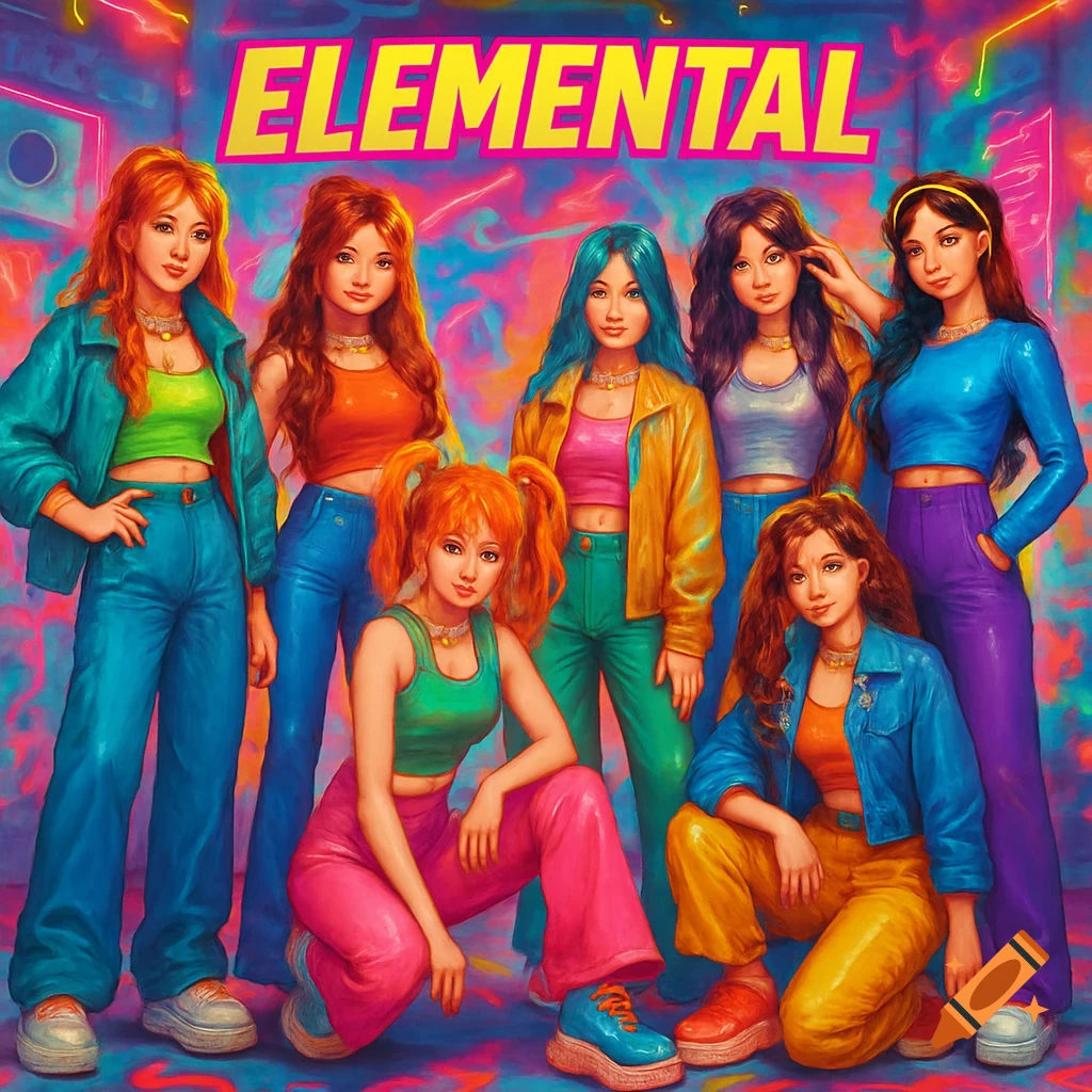 A vibrant K-pop girl group named ELEMENTAL, with seven members in colorful 90s-style fashion, poses against a neon-lit background.