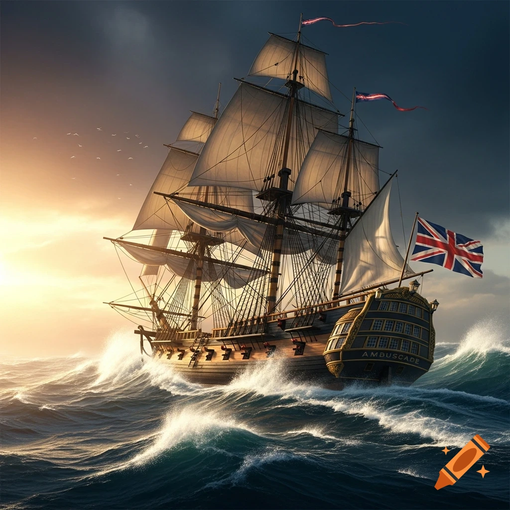 A majestic historical frigate named "AMBUSCADE" with full sails, battles high waves under a dramatic sunset sky, flying a Union Jack flag.