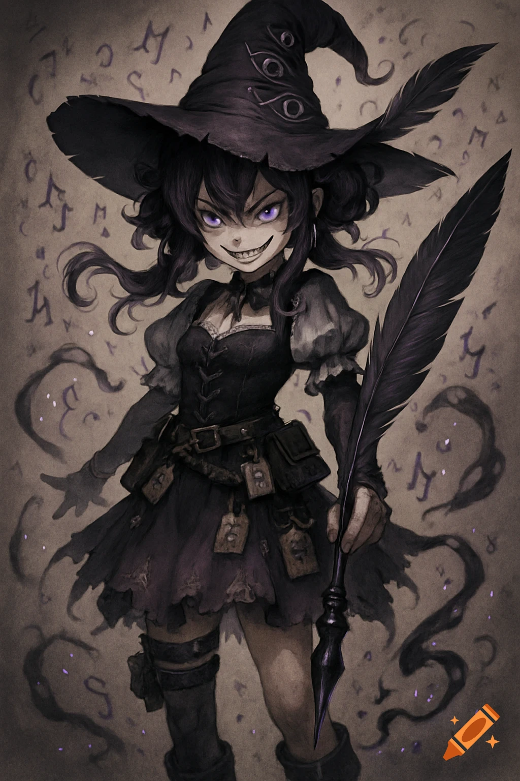 An anime illustration of a dark witch with purple eyes and a menacing grin, wearing a black hat with eyes and holding a giant quill.