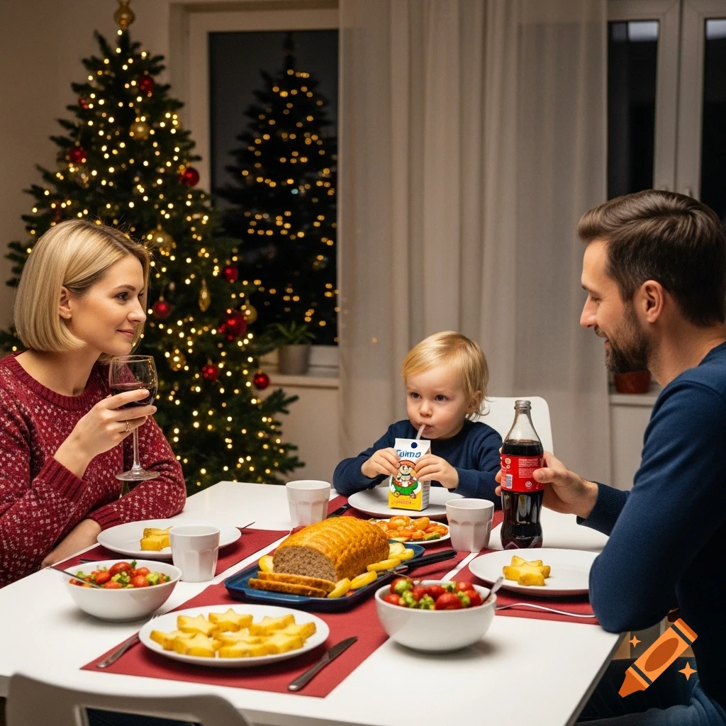 A family of three, a mother, father, and toddler child, are seated around a white dining table during Christmas dinner, with a brightly lit Christmas tree in the background. The mother holds a glass of red wine, the father holds a cola bottle, and the child drinks from a juice box with a straw. Various dishes like meatloaf and potato stars are on the table. Photorealistic.