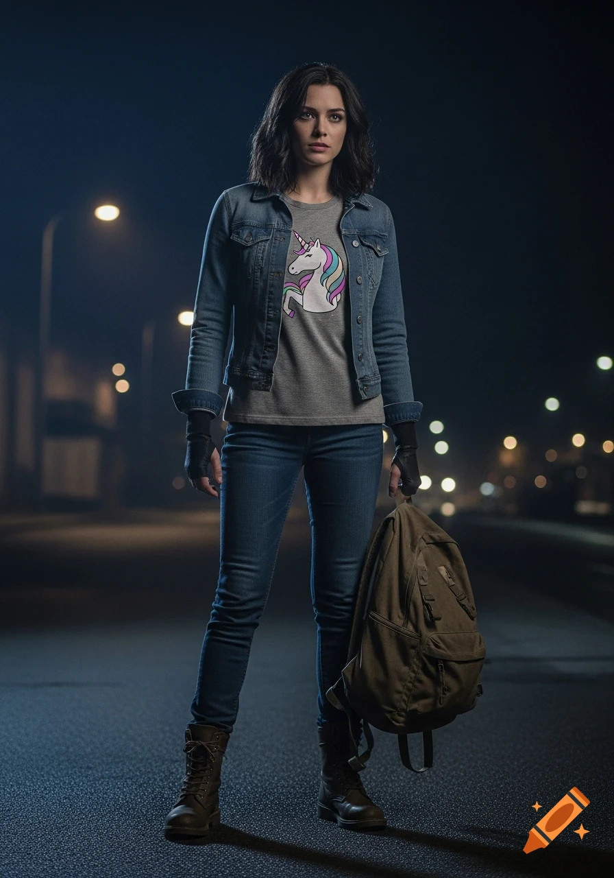 A woman in a denim jacket, grey unicorn t-shirt, jeans, and boots, carrying a backpack, stands on a dark street at night under soft streetlights, in a realistic cinematic style.