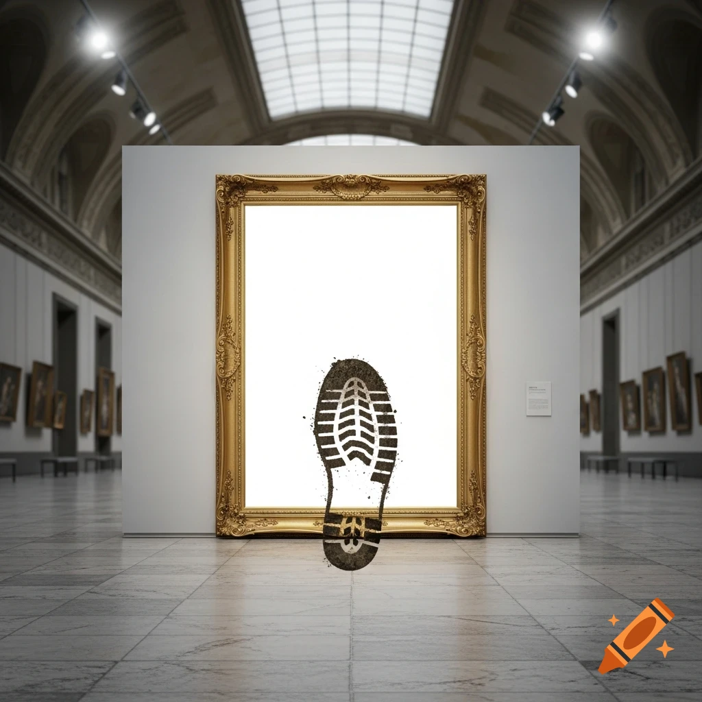 A muddy shoe print in an ornate gold frame in a grand museum hall with a skylight. Photorealistic.