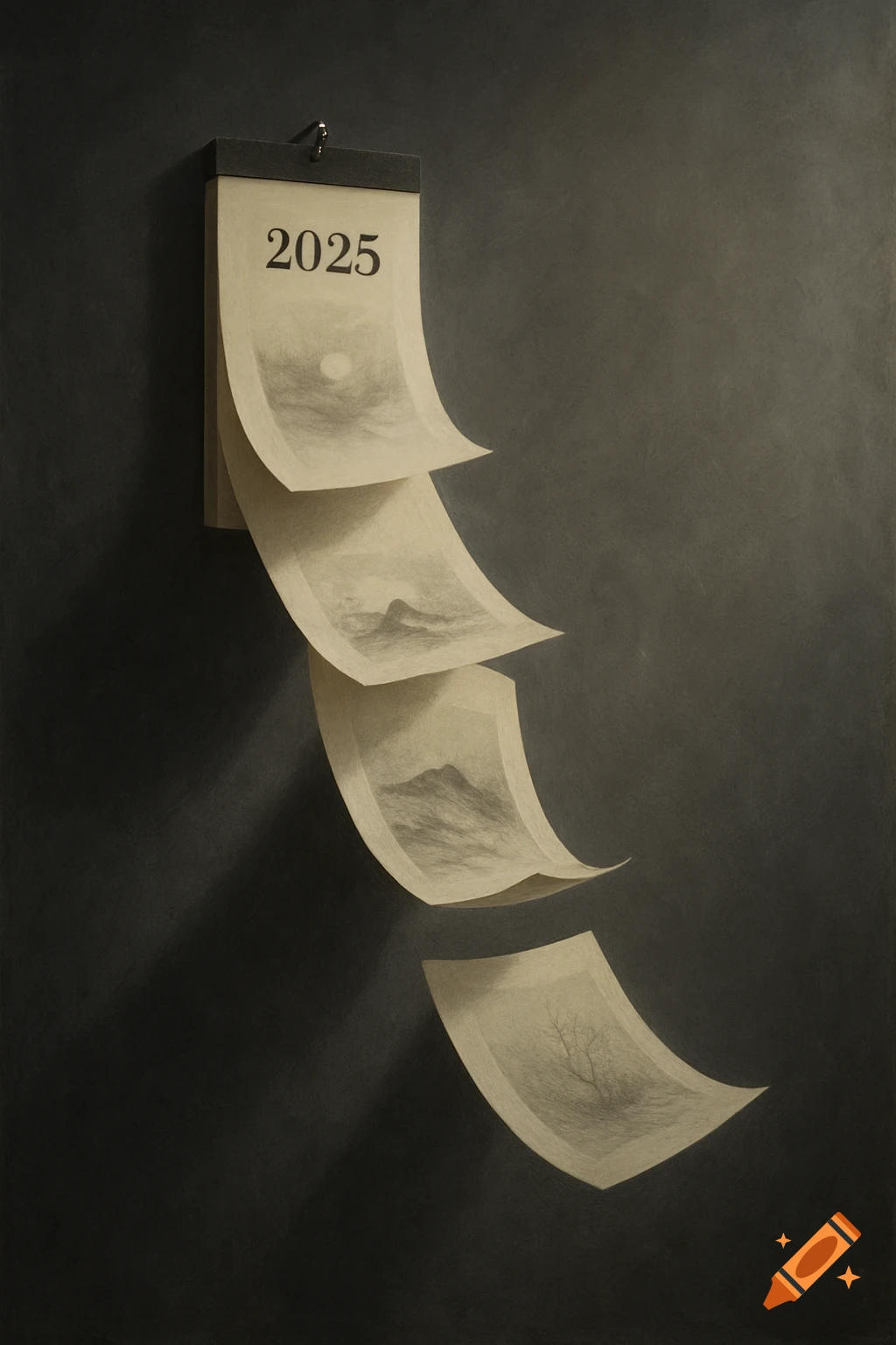 A 2025 calendar on a dark grey wall, with pages featuring subtle charcoal landscape drawings gracefully drifting downwards.