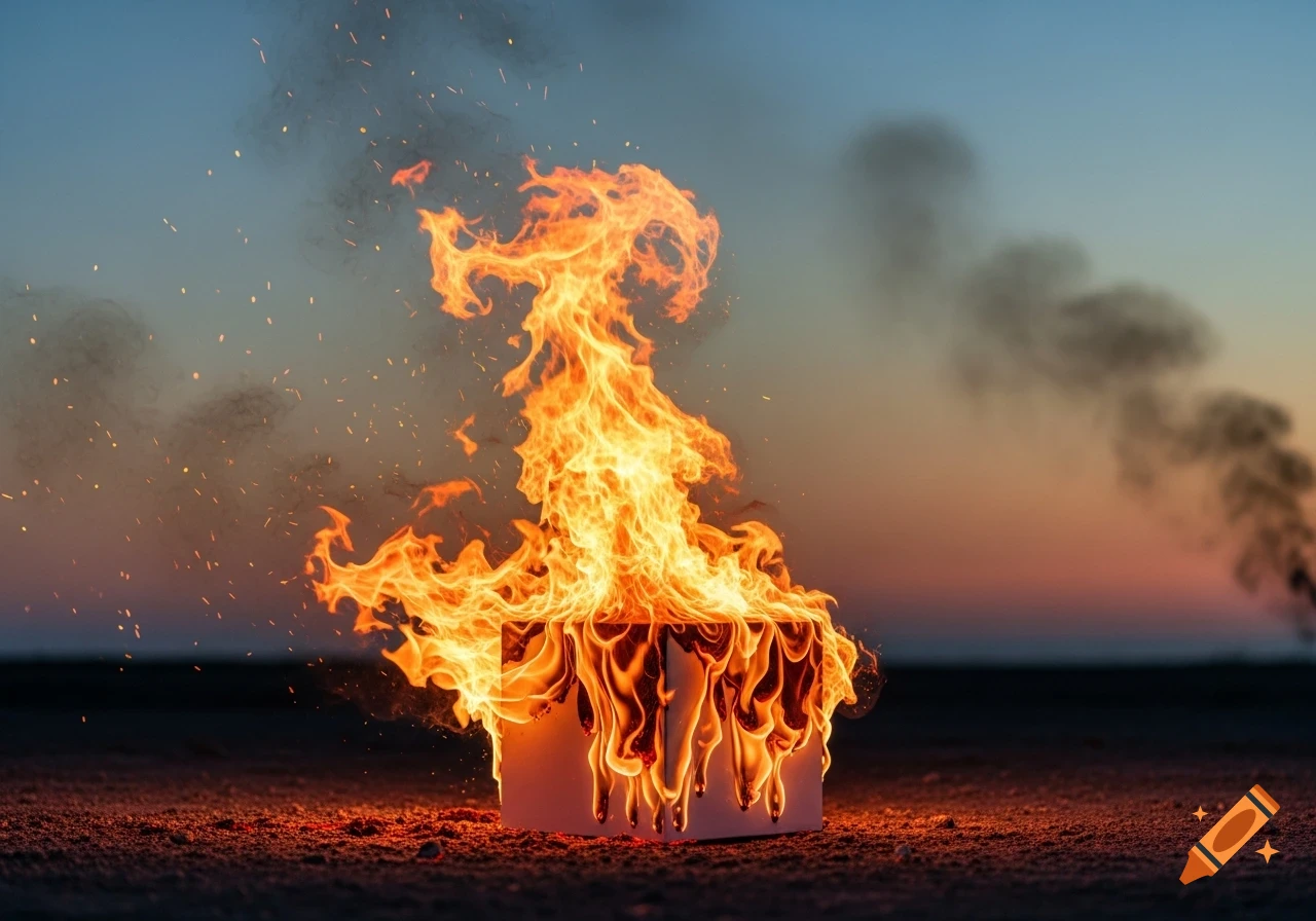 A white box engulfed in vibrant flames and smoke on dark ground against an orange and blue sky at dusk.