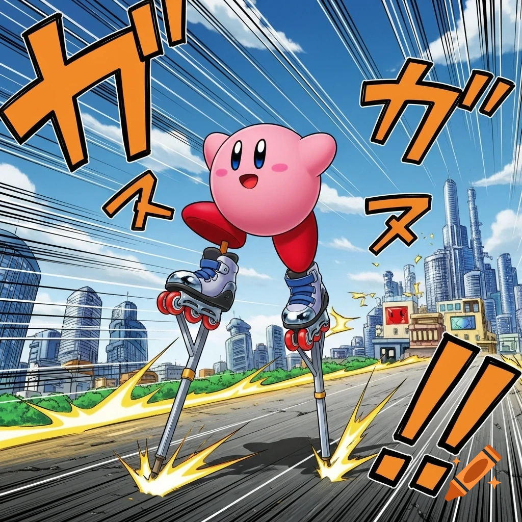 Kirby on stilts with rollerblades speeds down a city street in a dynamic manga illustration.