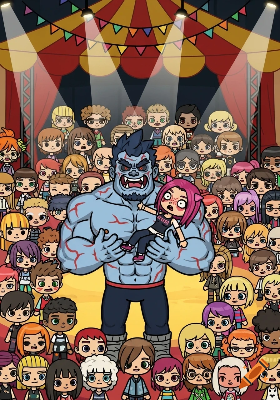 A muscular, angry blue monster holds a screaming woman in a 2D cartoon circus tent with a large crowd watching, in a Toca Life style.