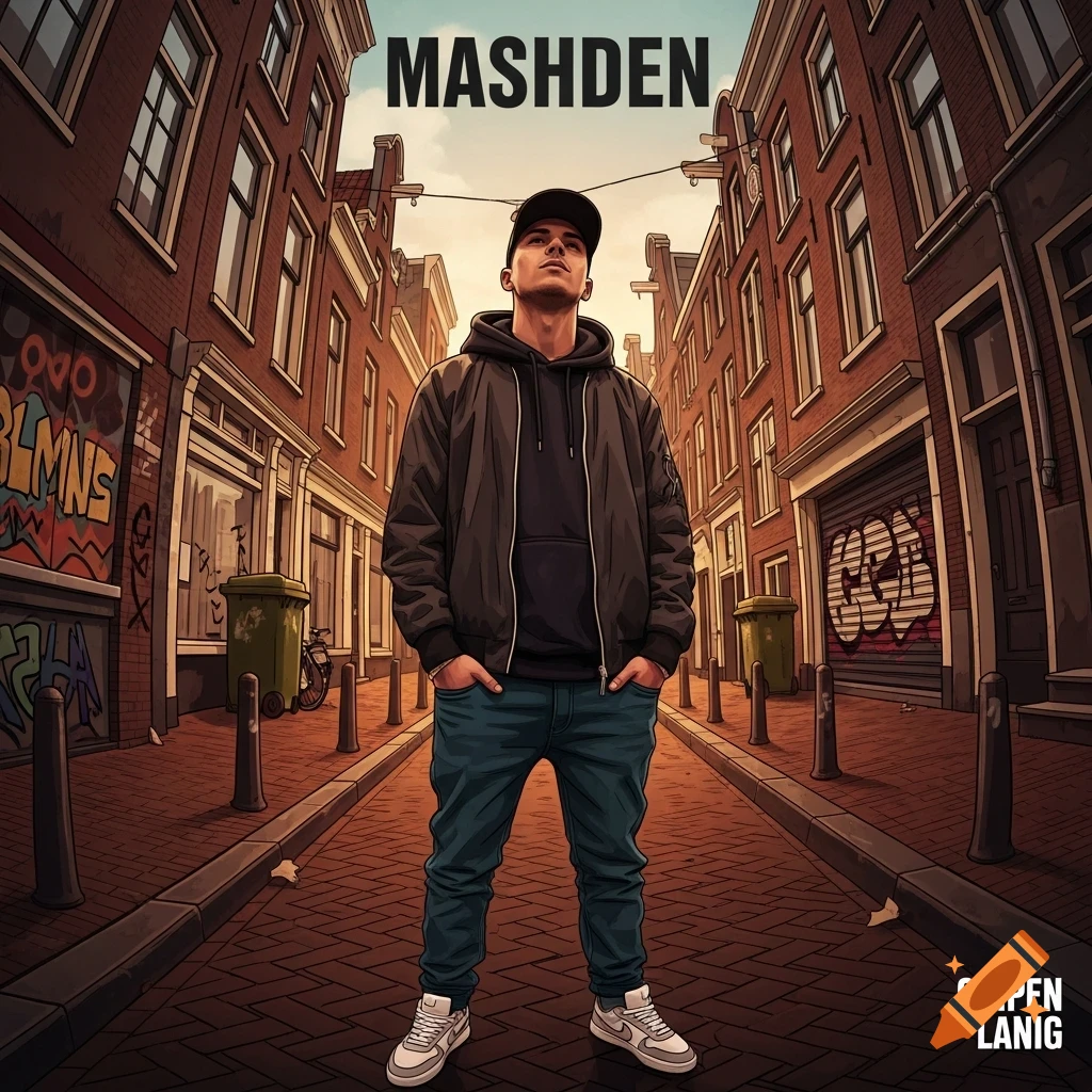 Illustrated young man in urban attire stands in a fisheye city street with brick buildings and graffiti, featuring 'MASHDEN' and 'GRIPEN LANIG' text.