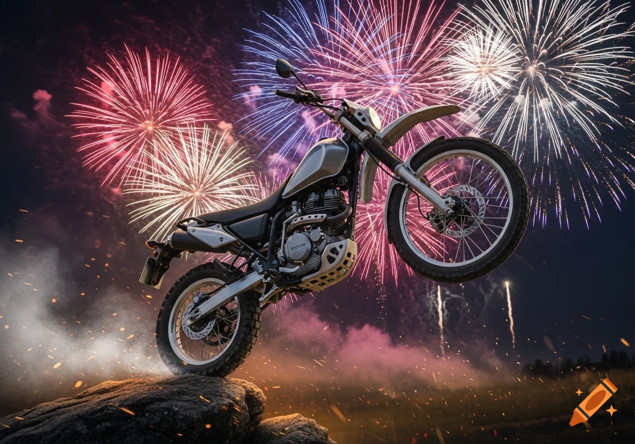 A silver and black dirt bike jumps over a rocky outcrop with colorful fireworks exploding in the night sky.