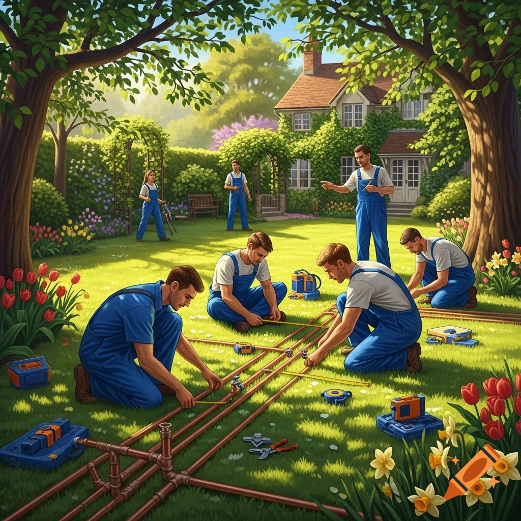 Several plumbers in blue overalls lay copper pipes in a lush green backyard with a house in the background, a spring day.