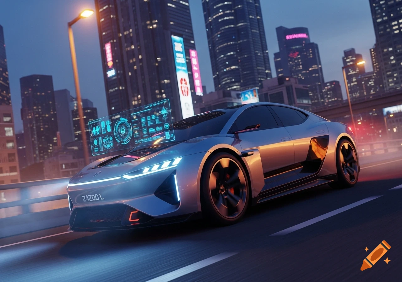 A futuristic silver car with blue glowing lights drives on a city bridge at night, displaying a holographic interface.