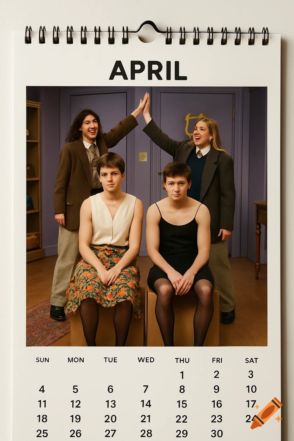 April calendar page with a 90s sitcom recreation: two males in dresses and skirts look defeated, while two females in suits high-five.