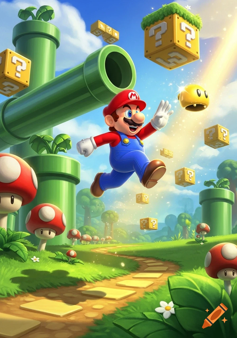Super Mario jumps in a bright fantasy landscape with green pipes, red mushrooms, and floating yellow question mark blocks.
