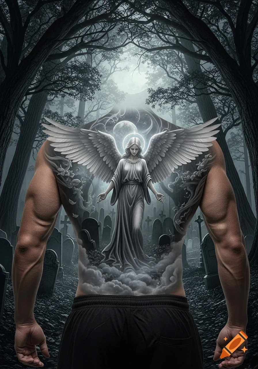 Detailed grayscale tattoo on a muscular man's back, depicting an angel in a moonlit graveyard with dark trees.