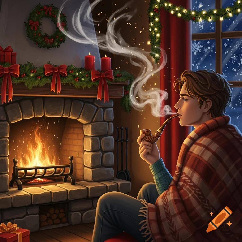 Illustrated Christmas scene of a young man wrapped in a plaid blanket, smoking a pipe by a roaring fireplace with snow outside.