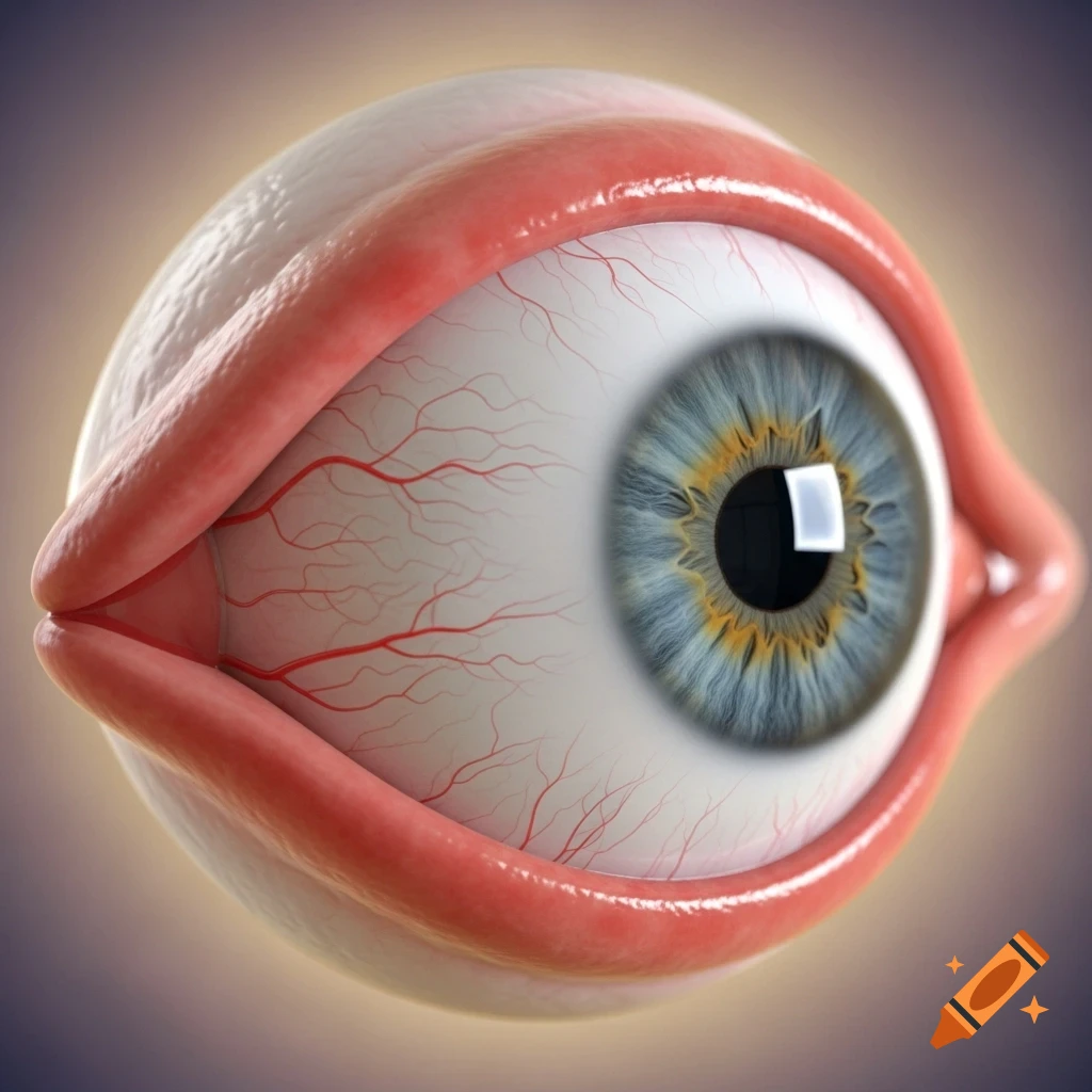 Close-up, photorealistic depiction of a human eyeball with a blue iris, red blood vessels in the sclera, and pink eyelids.